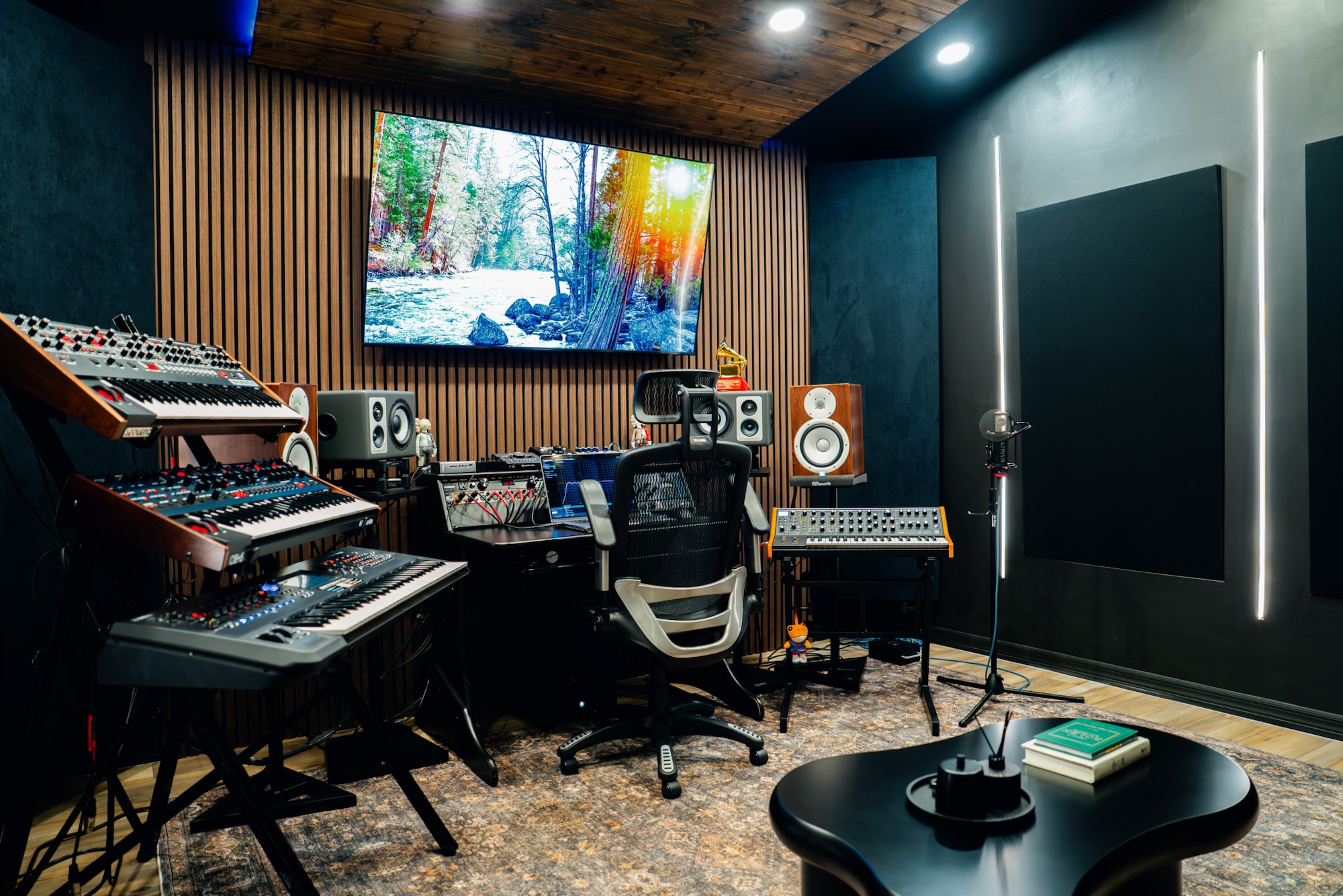 Club Lerna control room with synthesizers, monitoring and vocal microphone